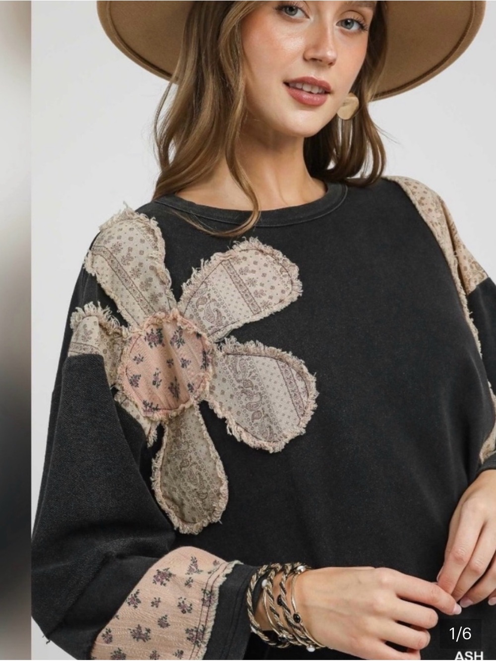 Umgee Mineral Washed Black Sweatshirt with Pink Floral Patchwork - Picture 2 of 16